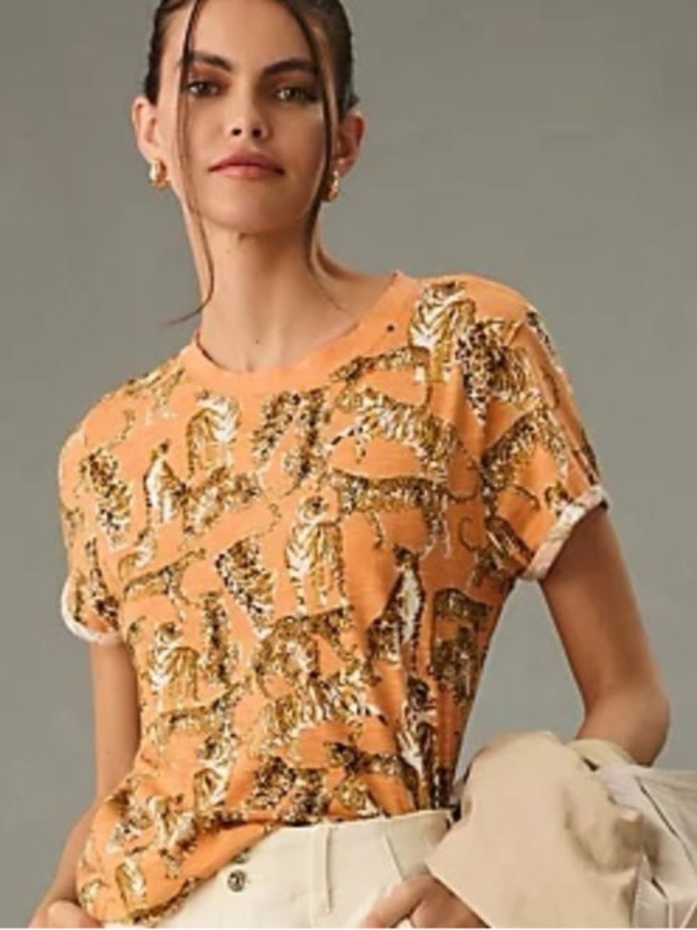 Maeve Anthropologie Orange Tiger Print Short Sleeve Top